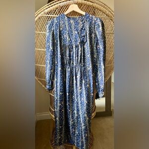 Blue silk dress with coral flower bud detail. No label. No size.